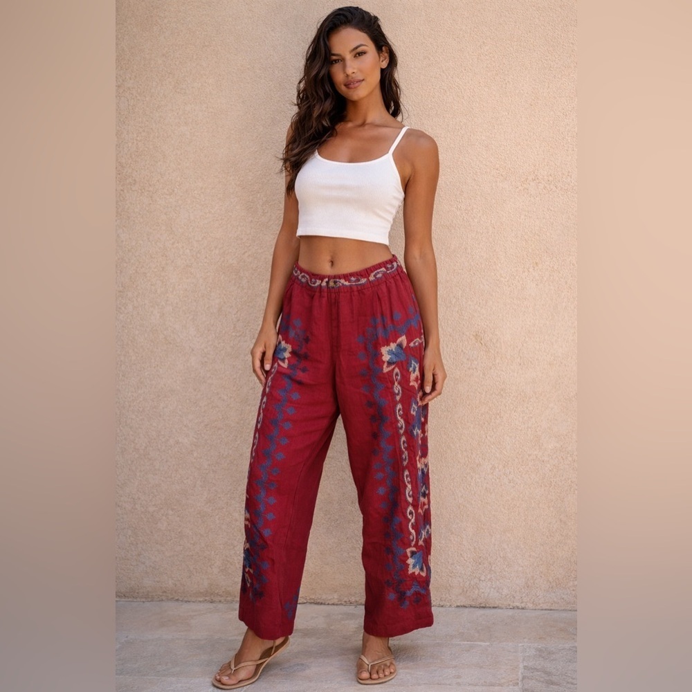 Red Floral Embroidery Jacquard Pants 💯 linen NWT